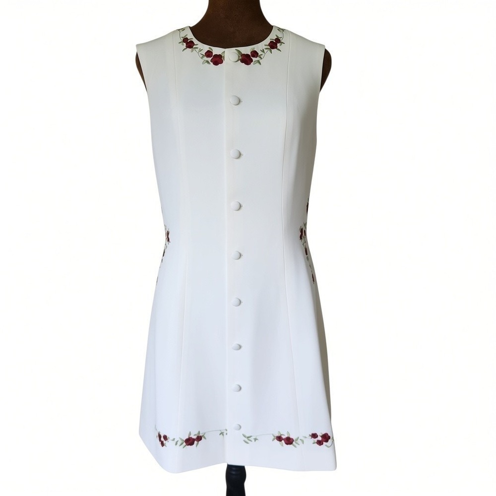 Commense Dress Embroidered Floral Button Front Ivory Mini A-line Size L - Picture 3 of 9